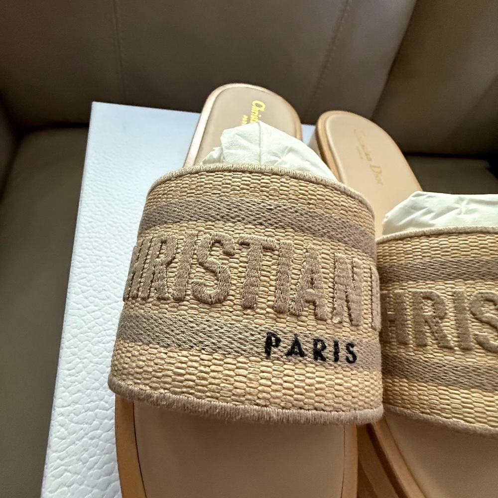 Dior Beige Tan Embroidered Logo Slide Sandals - Picture 2 of 7